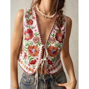 Boho Floral Embroidered Tie Front Vest Linen Cottagecore Folk Festival Top M